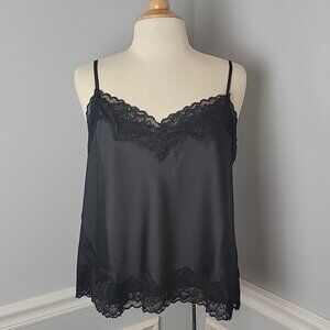 CECE NeW Sexy Black Satin Silky Lace Detailed Hem Sleeveless Cami Shell Top Sz L